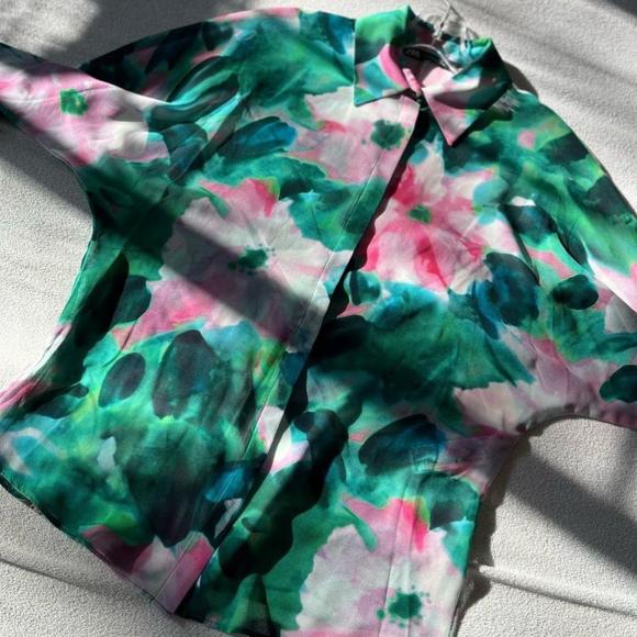 SOLD Zara Flowing Green Pink Floral Sheer Long Sleeve Blouse Small - Picture 12 of 16